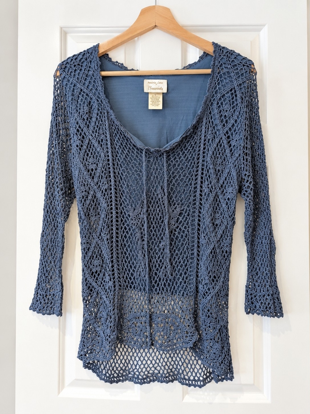 Vintage 90s Y2K Crochet Top Kroshetta M/L Blue Whimsigoth Fairycore Knit Blouse